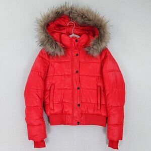 Coalition LA Coat Womens Small Red Puffer Faux Fur Trim Hooded Bomber Winter NEW